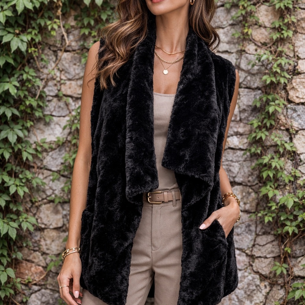 KAREN KANE Black Faux Fur Luxury Waterfall Open Vest with Pockets, 2X
